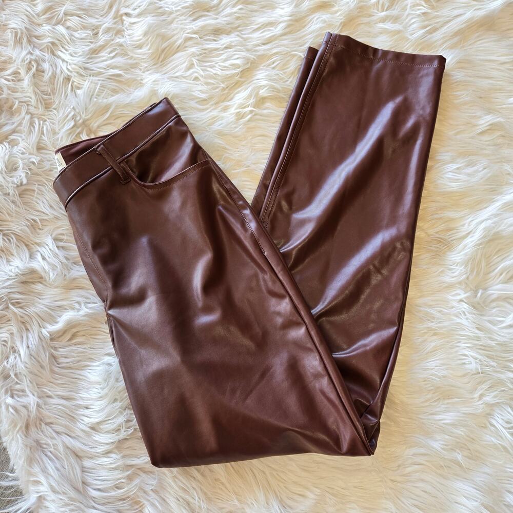 Abercrombie & Fitch Faux Leather Pant NWT 31L Brown Asymmetrical Waist Crossover - Picture 2 of 6